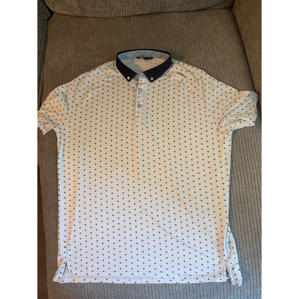 UNRL Mens Athletic Fit Golf Polo Shirt White Navy Diamond Print XL Short Sleeve